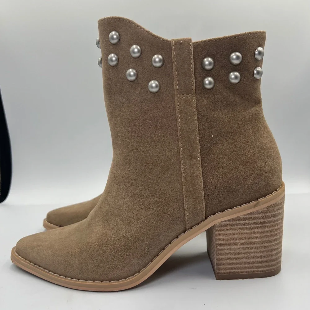 Oasis Society Studded Ankle Boots‎ Suede Western Booties Heel Tan Size 7.5